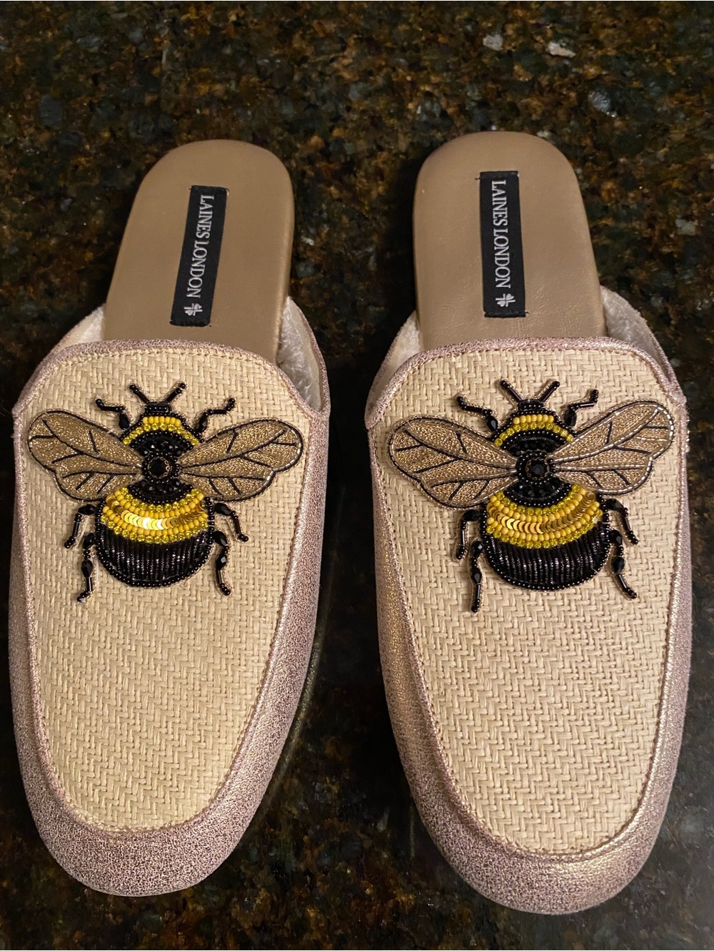 Women's Beige Bee Embroidered Classic Mules